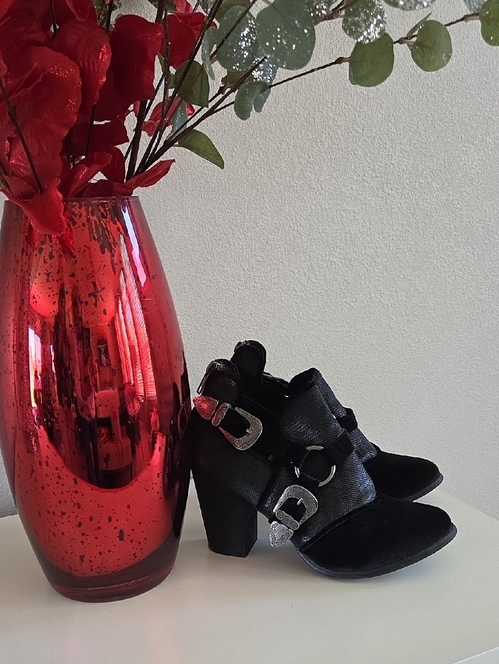 Buckle Black Suede & Textured Leather Buckle Accent Heeled Ankle Boots